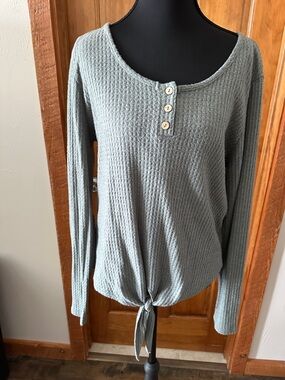 Paper Crane Sage Green Waffle Knit Henley Tie-Front Top